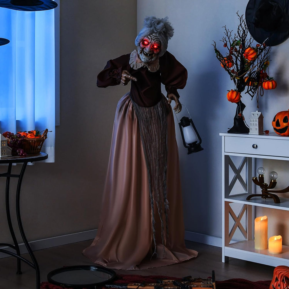 Tangkula 5 FT Halloween Standing Animated Old Lady Holding Lantern
