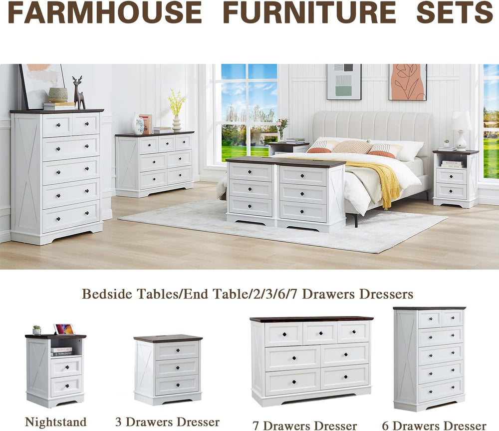 Farmhouse 7 Drawers Dresser for Bedroom with Charging Station,Wood Dressers