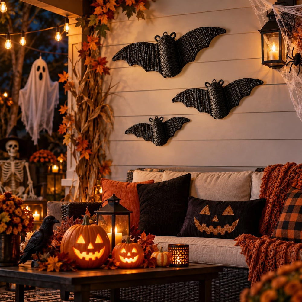 3 Pcs Halloween Woven Big Bats Wall Decor,Handwoven Rattan Hanging Decor