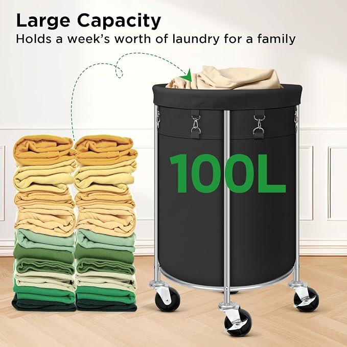 Laundry Hamper with Wheels, 100L Round Rolling Laundry Basket Sorter with