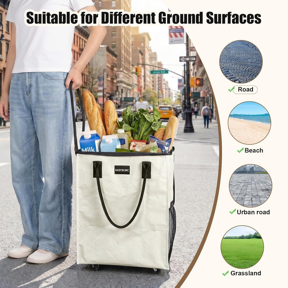 Grocery Bag Rolling Tote Bag on 4 Wheels, Shopping Bag with Wheels Handle