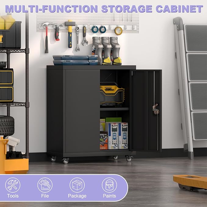 Metal Cabinet with Wheels, Steel Cabine with Locking Doors, Small Cabinet with