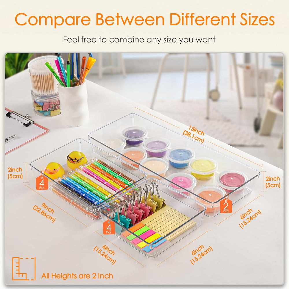 Drawer Organizer, 10 Pack Large Clear Plastic Set, 3 Size Versatile Bathroom ...