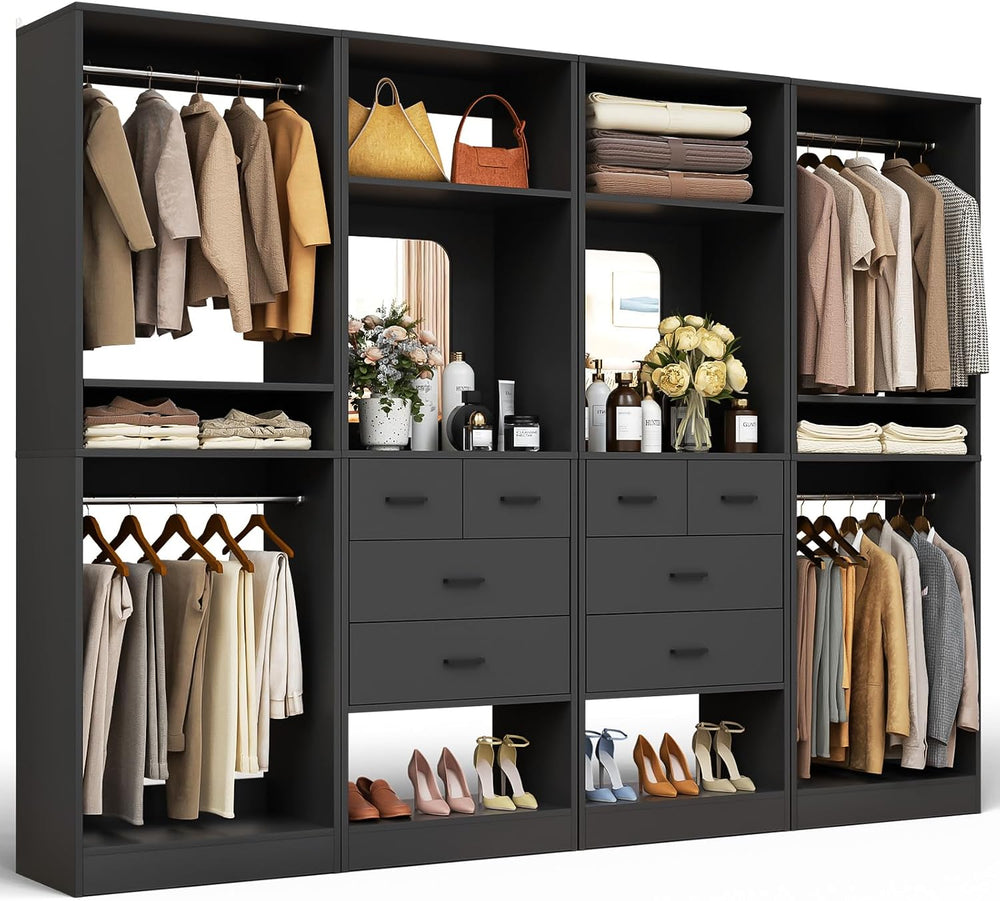 Unikito 100” Closet System with Drawers, 8.3FT Wood Closet Organizer with Han...