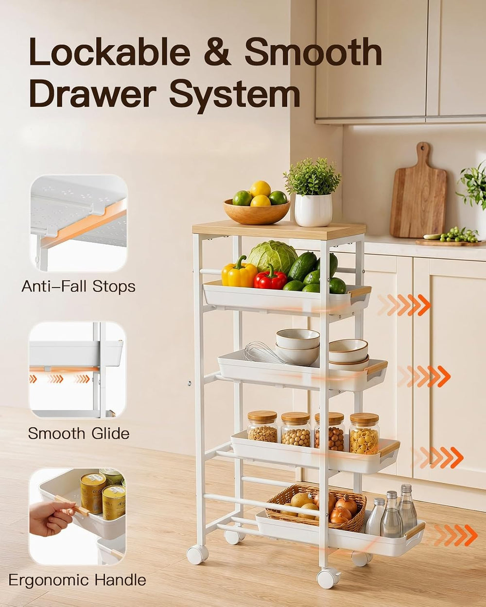 Pipishell Slim Storage Cart, Wooden Top Narrow Kitchen Storage Cart, White
