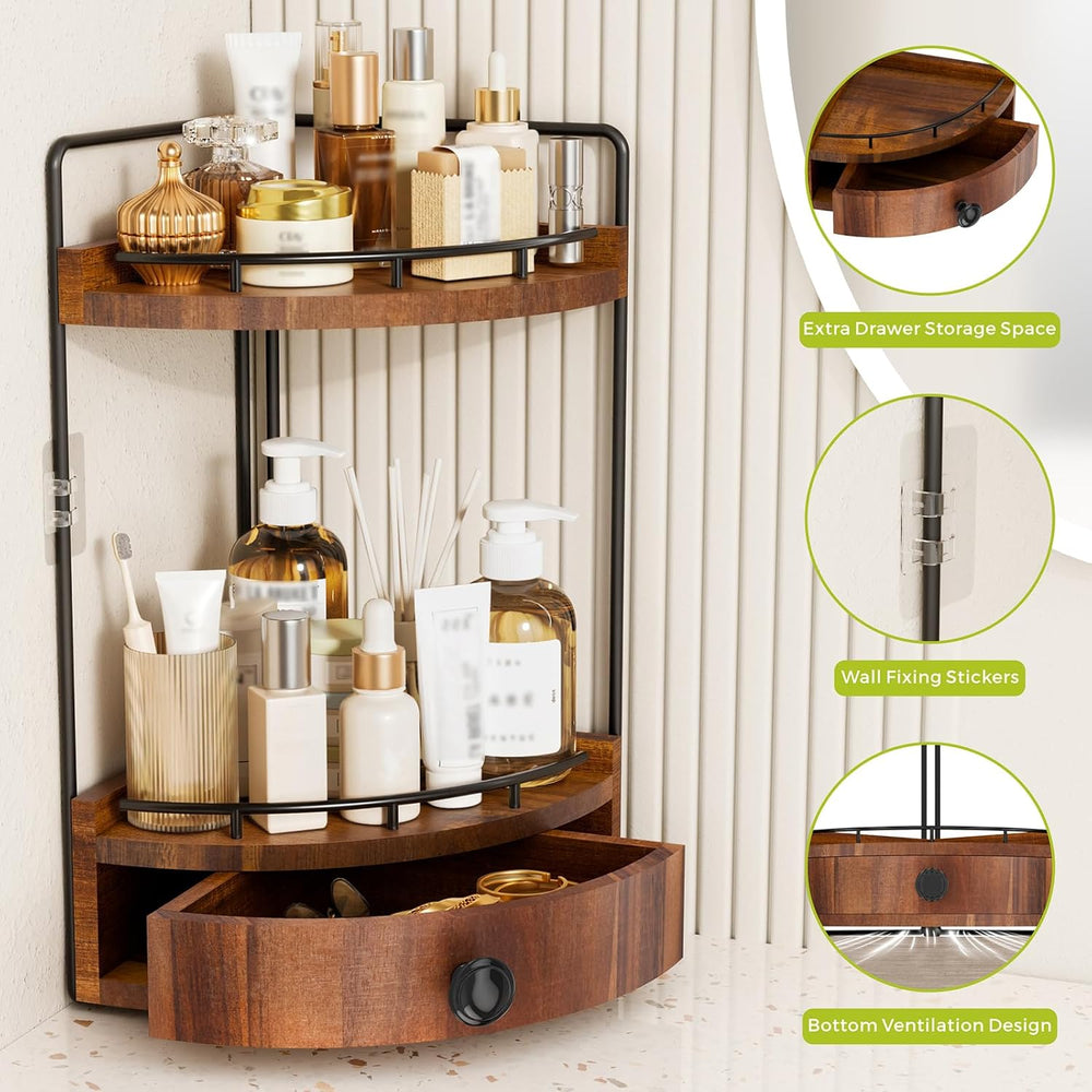 2-Tier Corner Bathroom Counter Organizer with Drawer, Acacia Wood