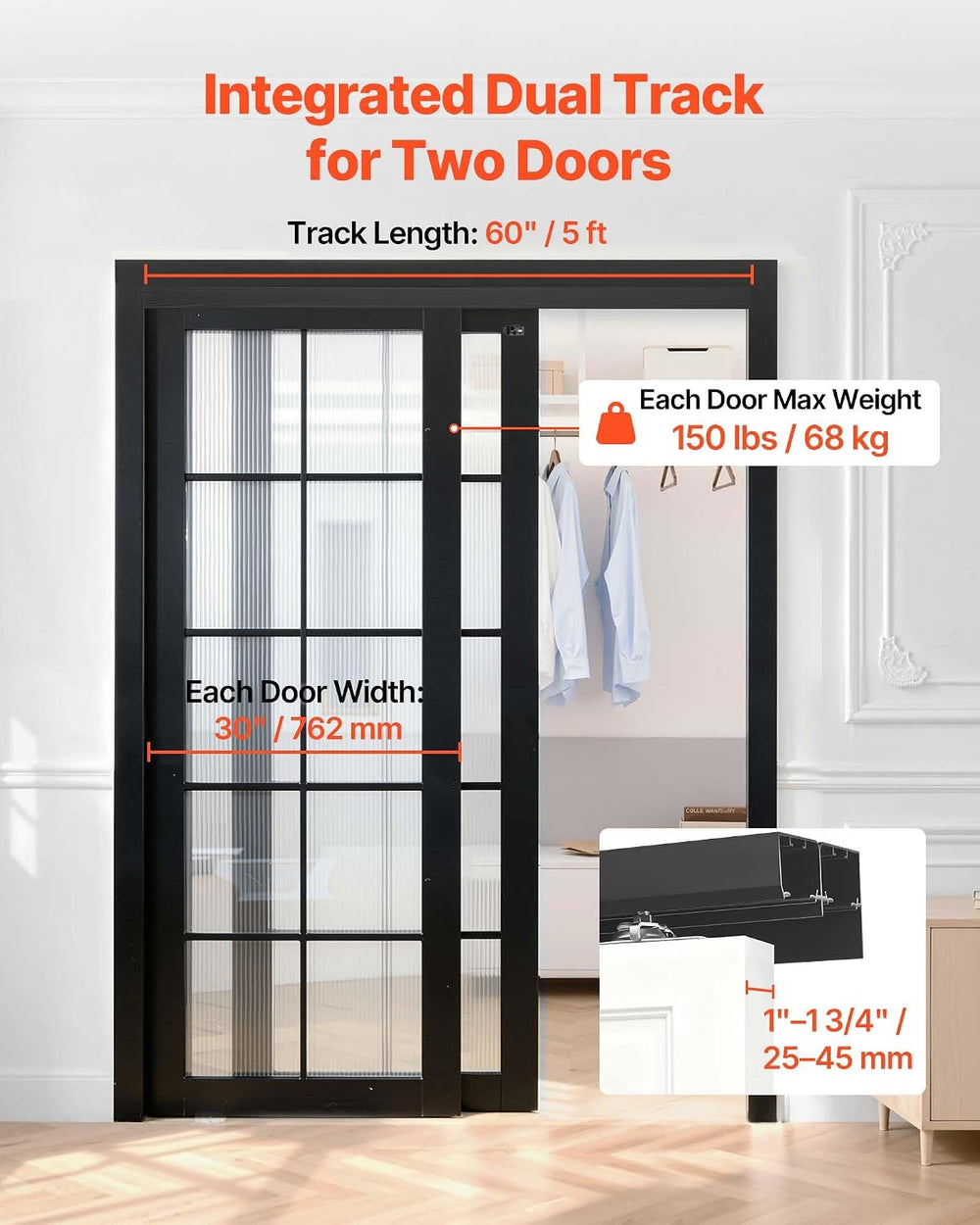 VEVOR Bypass Sliding Door Hardware Kit, 5 ft Aluminum Alloy Dual-Track Bypass...