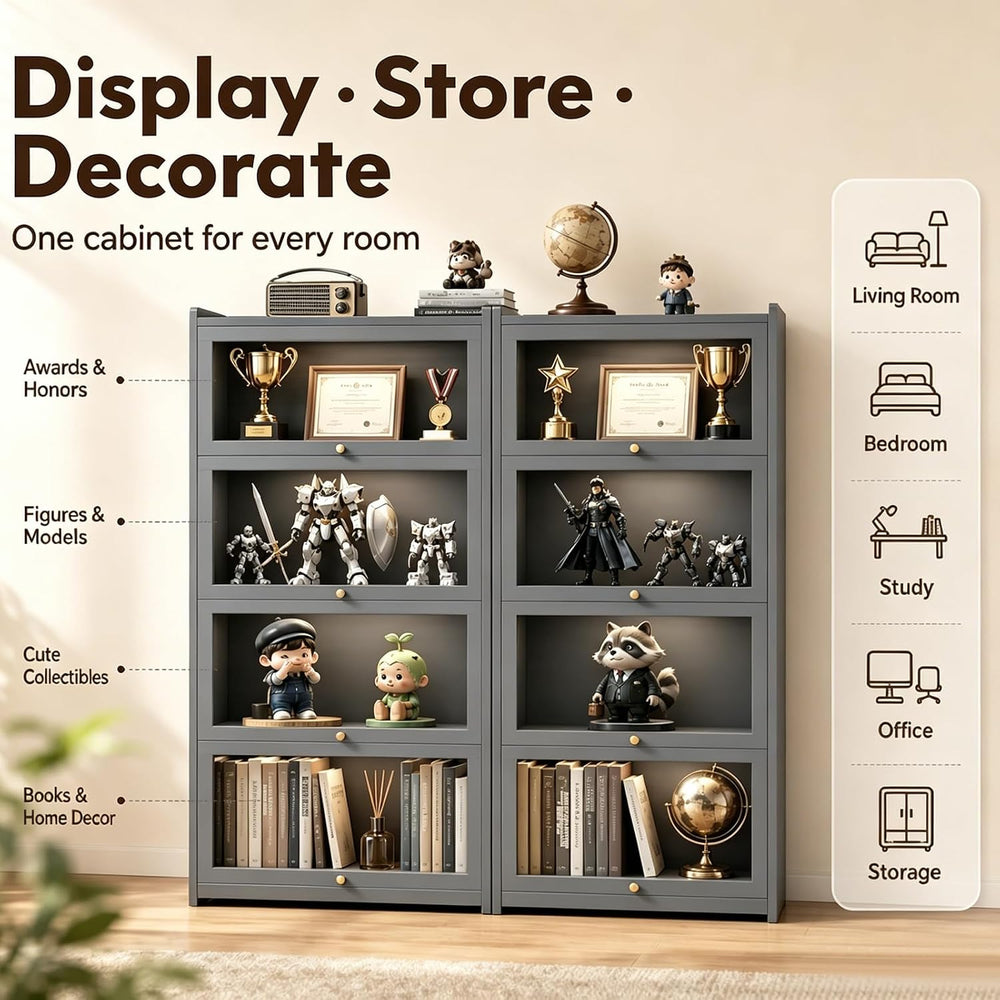 Display Cabinet with Doors, 4-Tier Bamboo Curio Cabinet for Small Space, Figu...