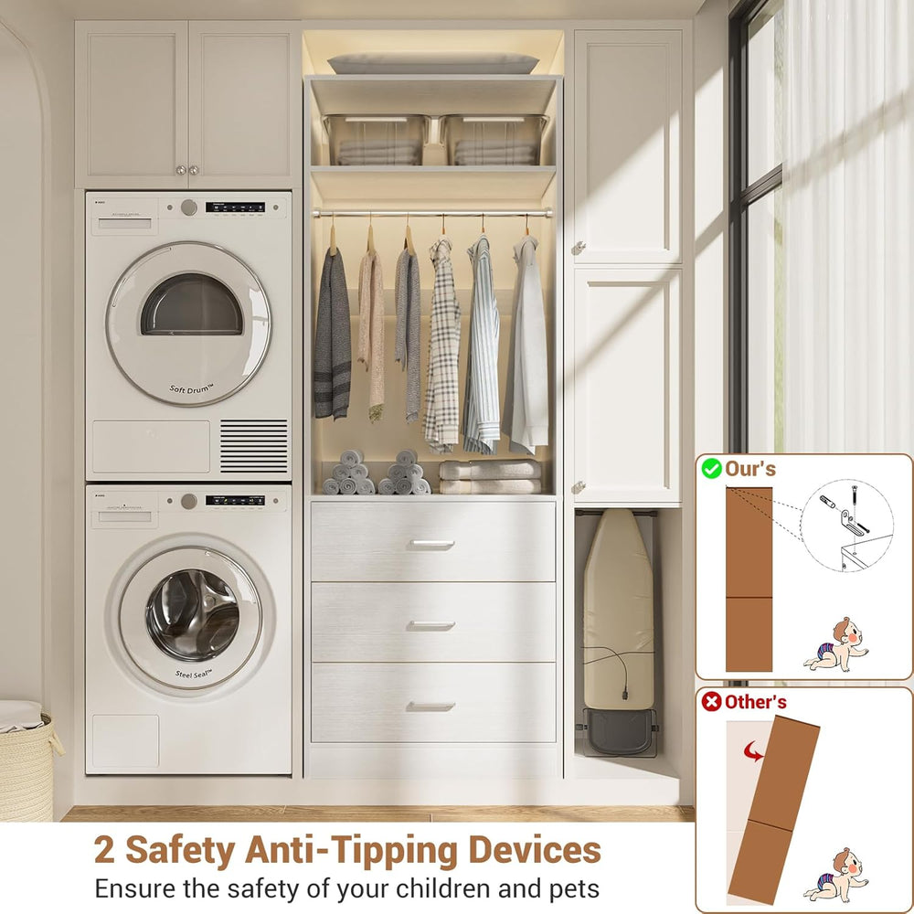 Besiost Freestanding Closet System with 3 Drawers, Wood Closet Organizer