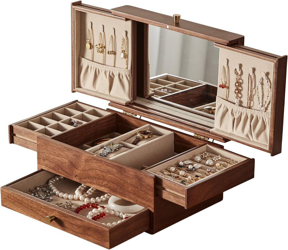CHOSIN Black Walnut Wooden Jewelry Box for Women, 3 Level Multi-functional Dr...
