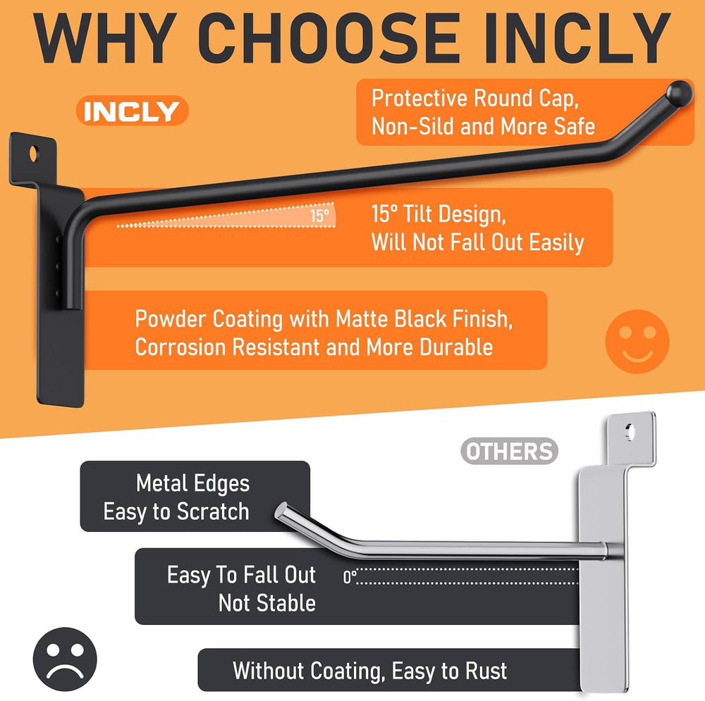 INCLY 60 Pack Slatwall Hooks, 4/6/8 Inch Slat Wall Hanging Hook and Hanger