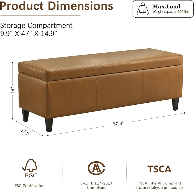 HUIMO Faux Leather Storage Ottoman Bench 50.3 Inch Extra Long PU Upholstered