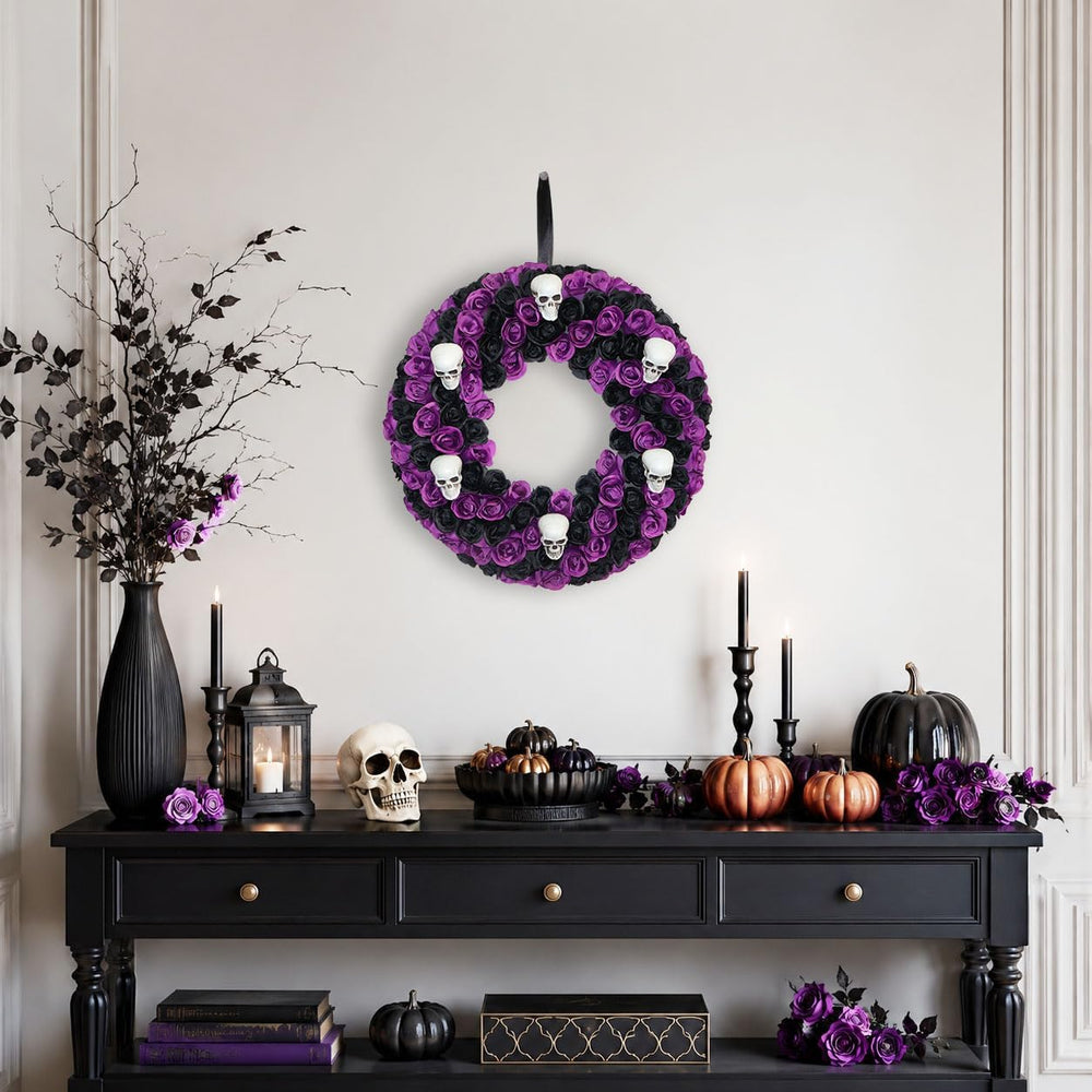18 Inch Black & Purple Silk Rose Halloween Wreath, 6 Plastic Skulls