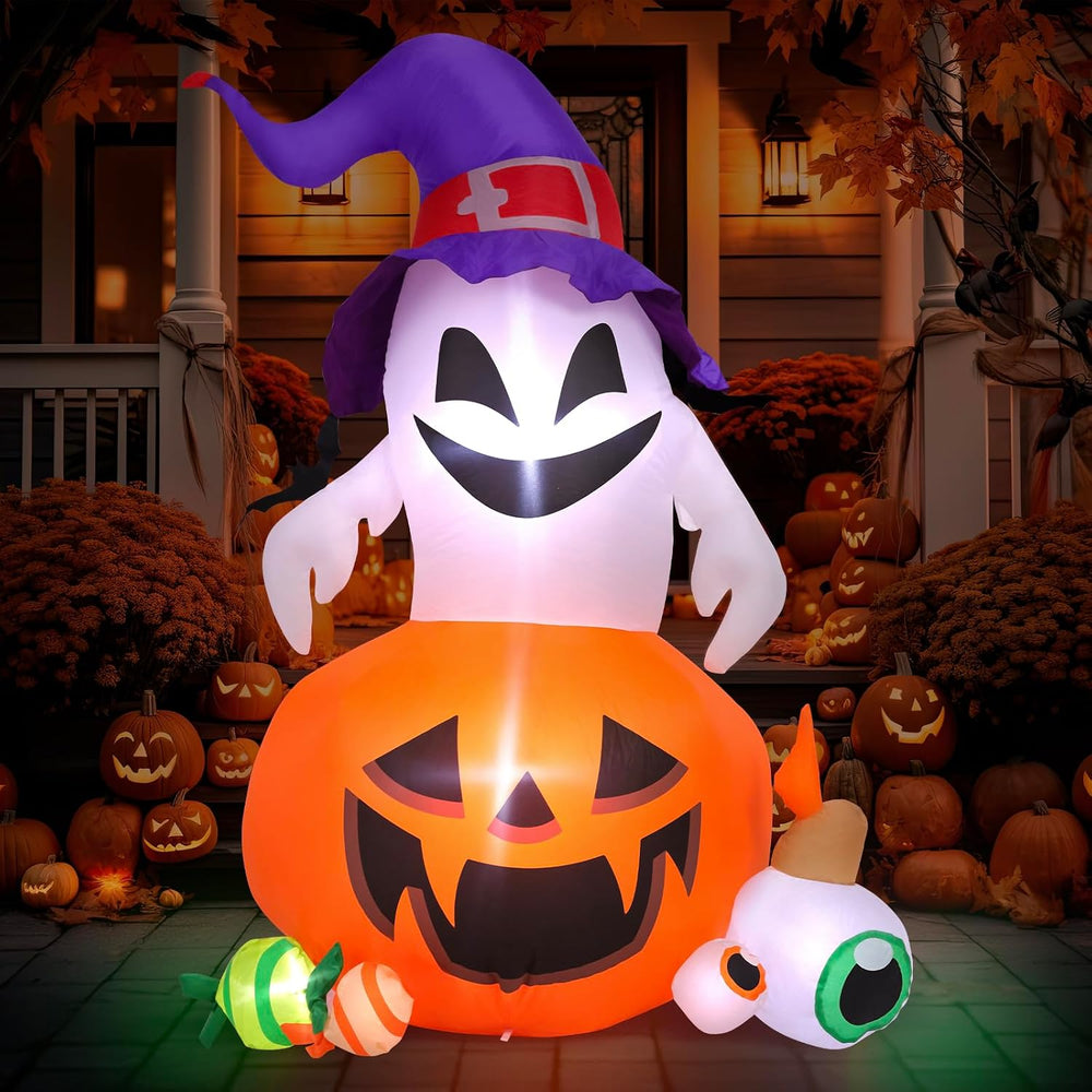 5FT Halloween Inflatable Outdoor Decoration Pumpkin Ghost with Built-in LEDs ...
