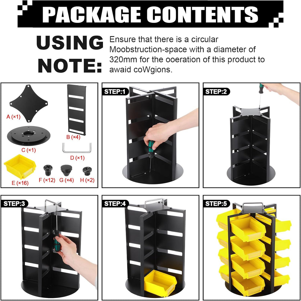 Lounsweer Rotating Storage Bins 4 Tiers 16 Bins Tool Organizer, Yellow