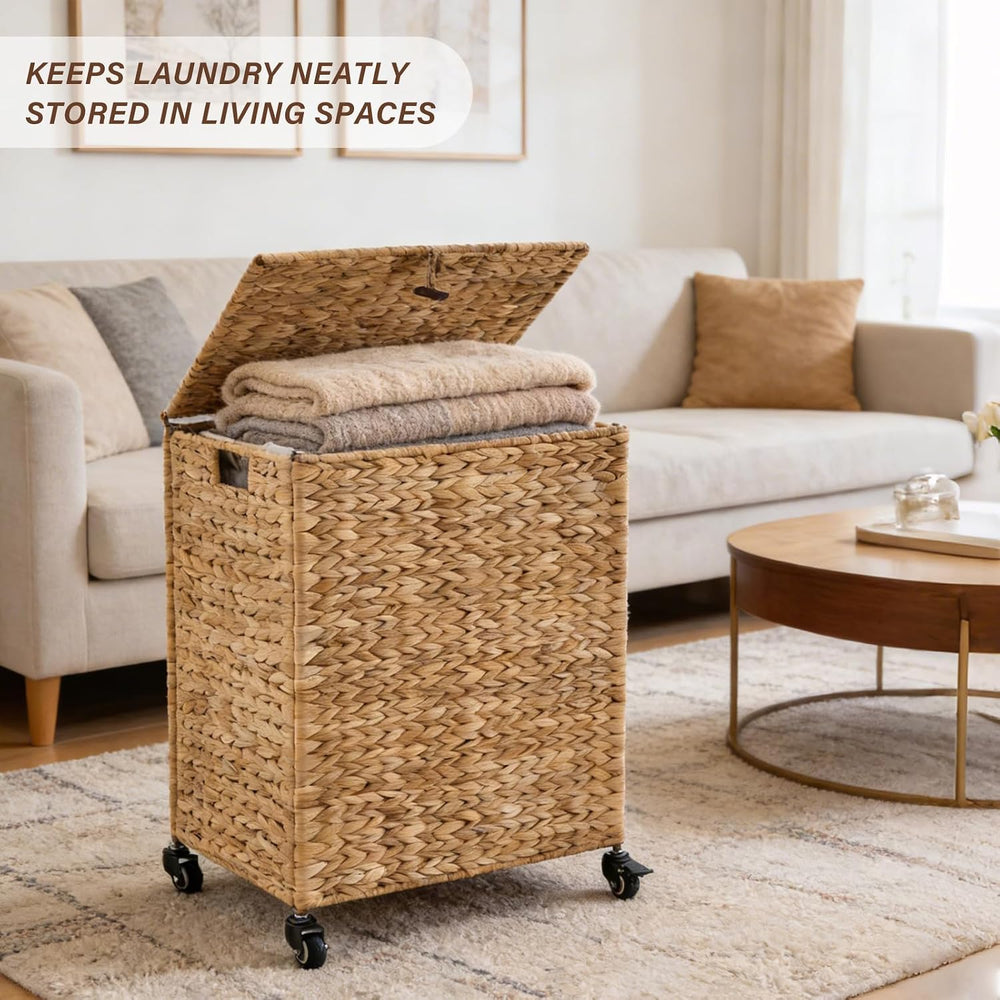 Hand-Woven Natural Water Hyacinth Laundry Basket with Wheels