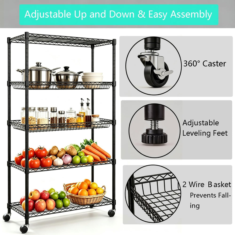 5-Tier Wire Shelving with Shelf Liners, 65"H Basket Metal Shelving Unit