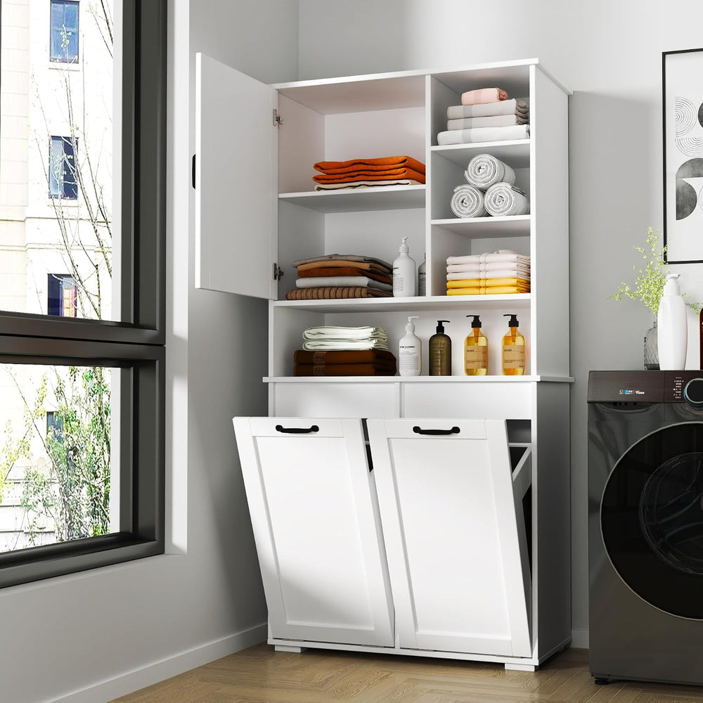 LUMISOL 63'' Double Tilt Out Laundry Hamper Cabinet, Tall Bathroom St...