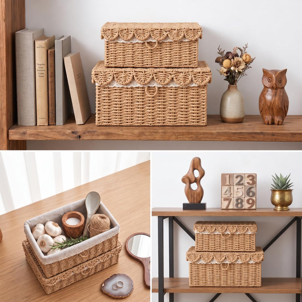 Scalloped Wicker Baskets with Lid, 2 Pack, 4 Liners, Paper Rattan
