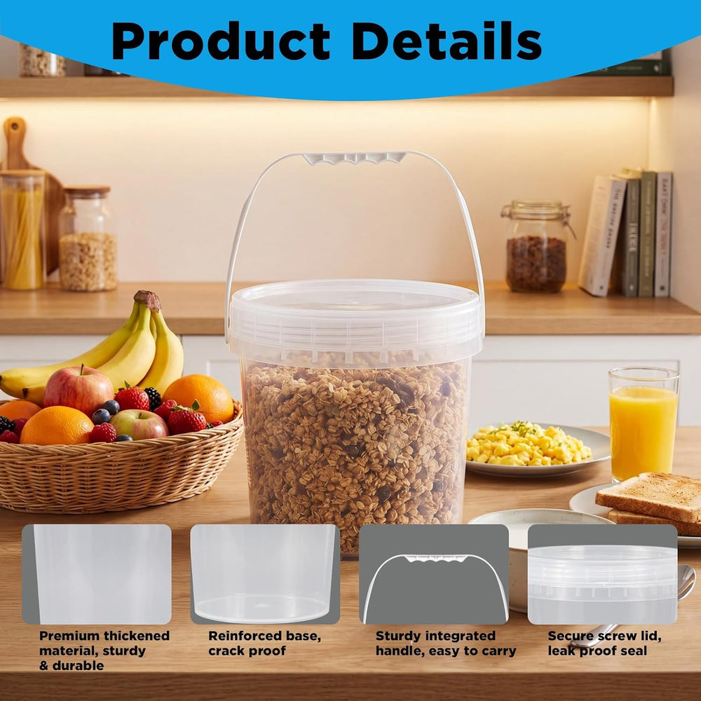 DEMORA 4 Pack 1 Gallon Clear Plastic Bucket with Screw Lid & Handle, Food...