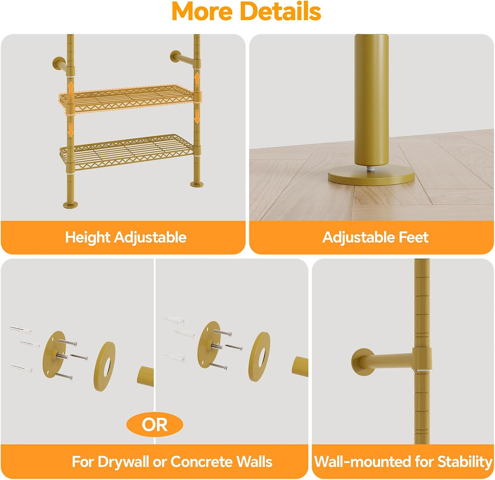 Higeego W4 Wall Mounted Clothes Rack, Industrial Pipe Clothing Rack, Gold