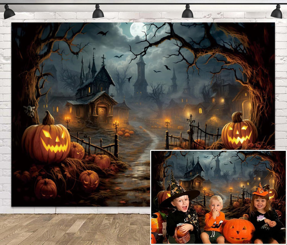 10x8ft Vinyl Horror Halloween Night Backdrop Halloween Pumpkin Withered Tree ...