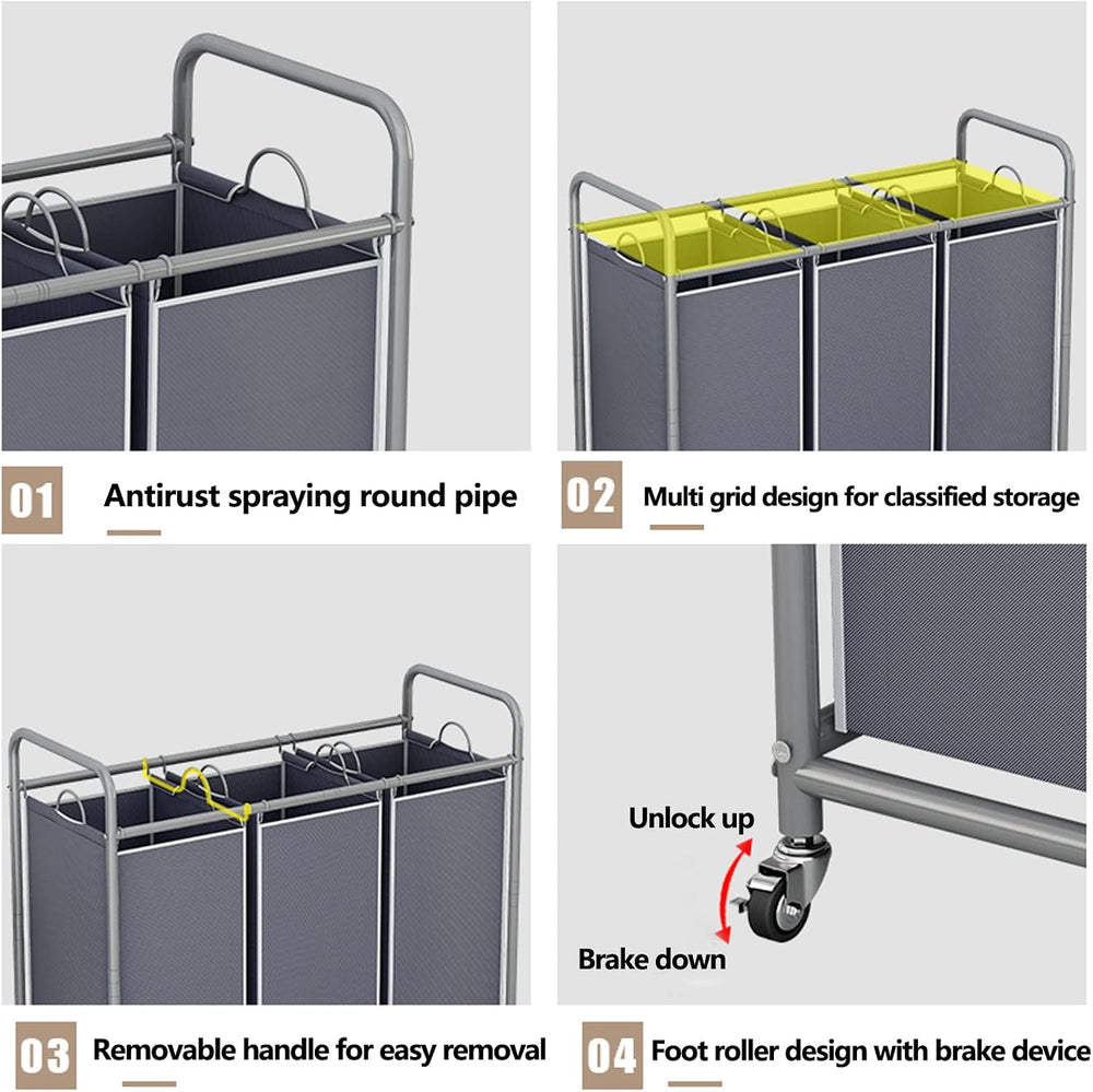 LINZINAR 3 Section Laundry Hamper Sorter, Grey Laundry Basket with Wheels