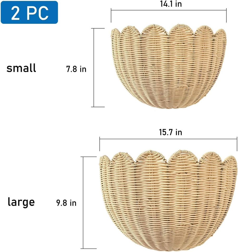 Set of 2 Scalloped Hanging Wicker Baskets for Wall, Scalloped Home Decor, Han...