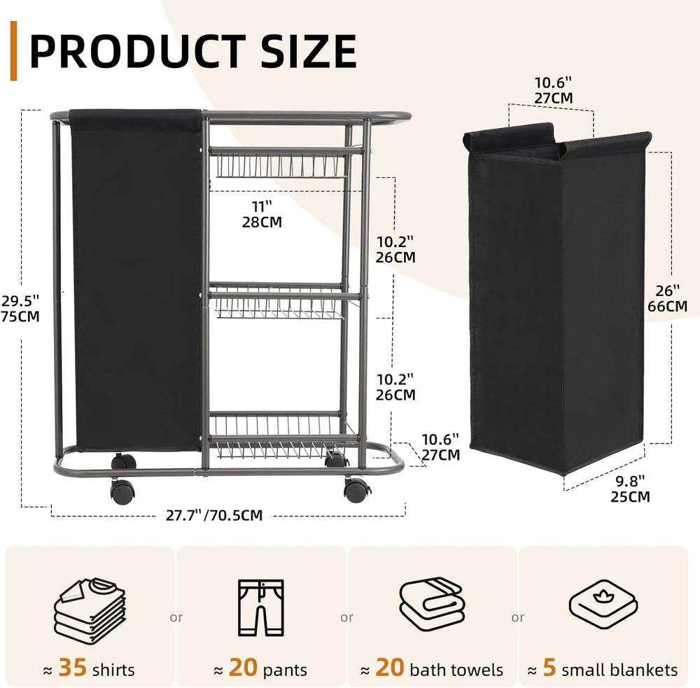 3-Tier Rolling Laundry Cart with Wheels and 45L Bag, Black