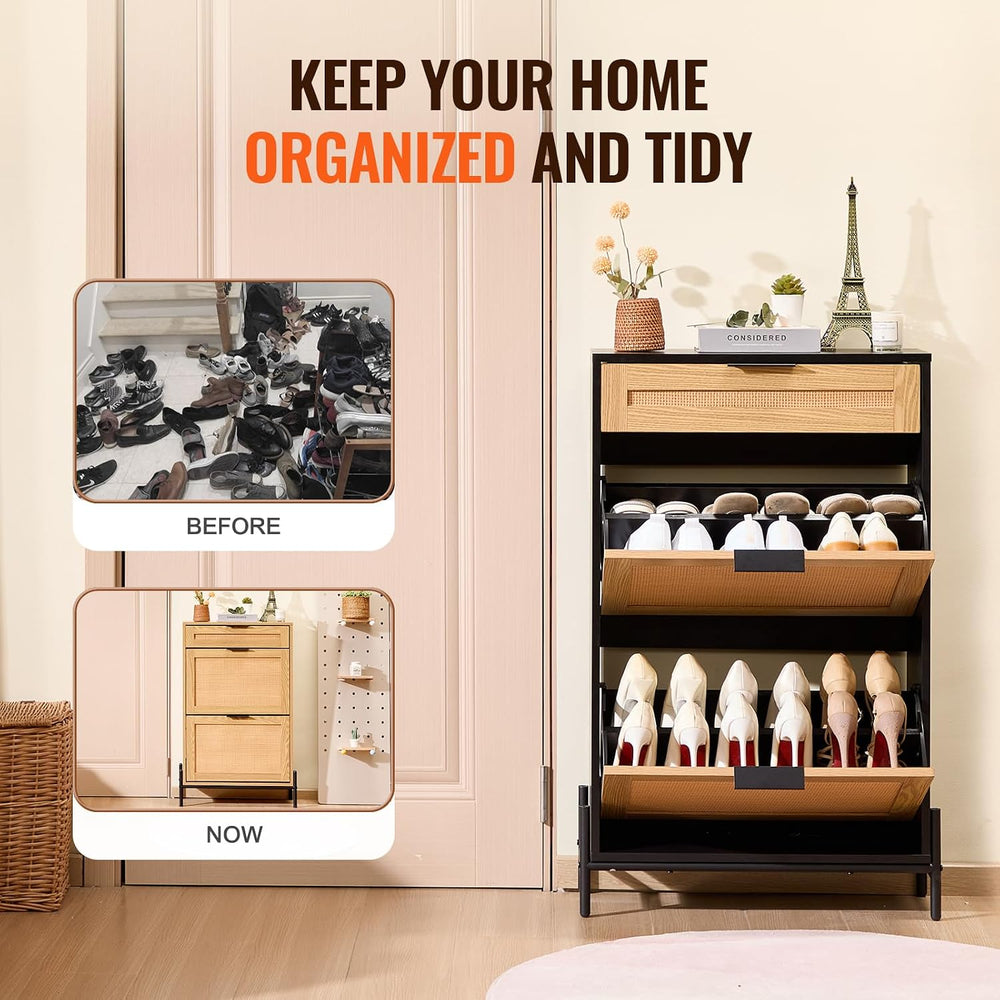 VEVOR Rattan Shoe Cabinet, Narrow Shoe Storage Organizer with 2 Flip Rattan D...
