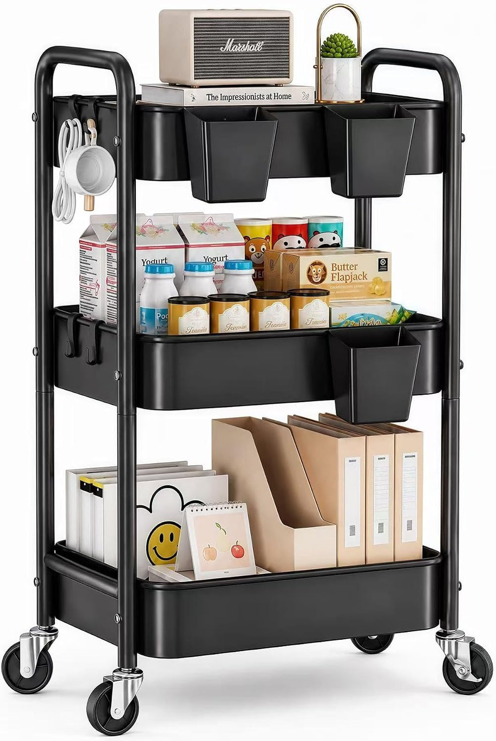3 Tier Heavy Duty Metal Rolling Storage Cart Organizer with Wheels, Black