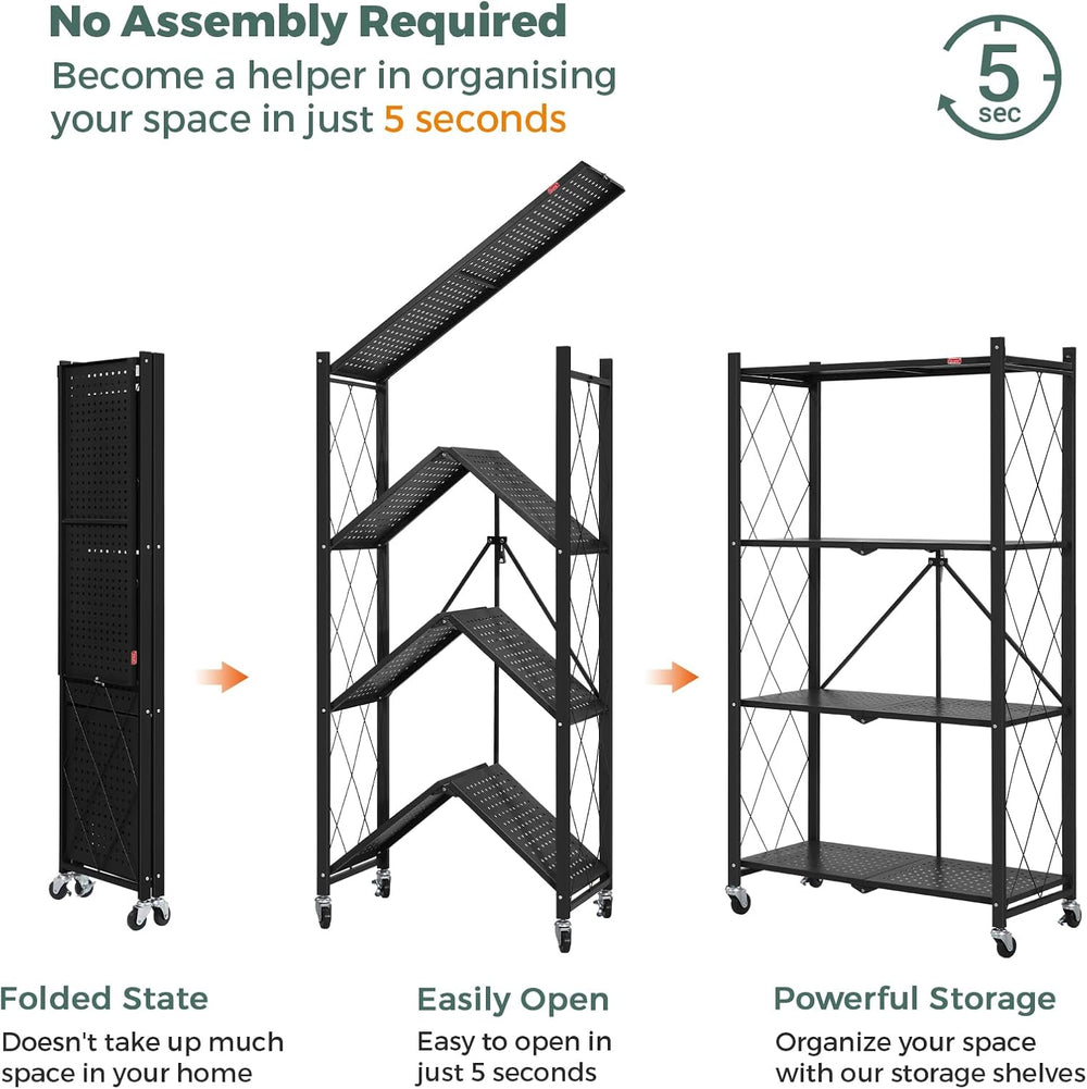 DEANIC 4 Tier Foldable Storage Shelves with Wheels, Large Capacity Shelving U...