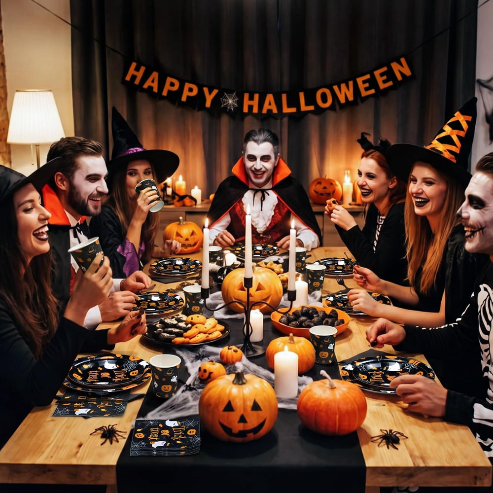 250 Pcs Halloween Party Supplies, Paper Plates Napkins and Cups, Black