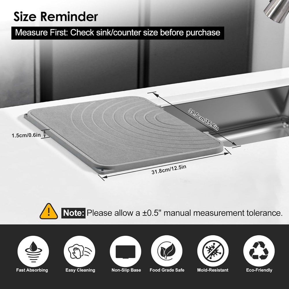 2-in-1 Stone & Silicone Dish Drying Mat, Grey_Ring line, 12.5"x15.6&...