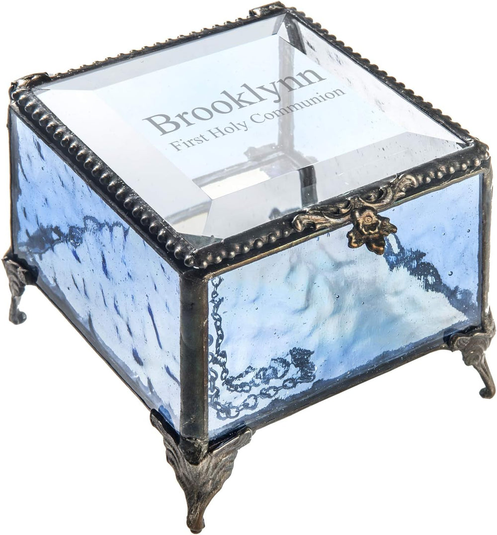 First Communion Gift for Girls Personalized Blue Stained Glass Engraved Relig...
