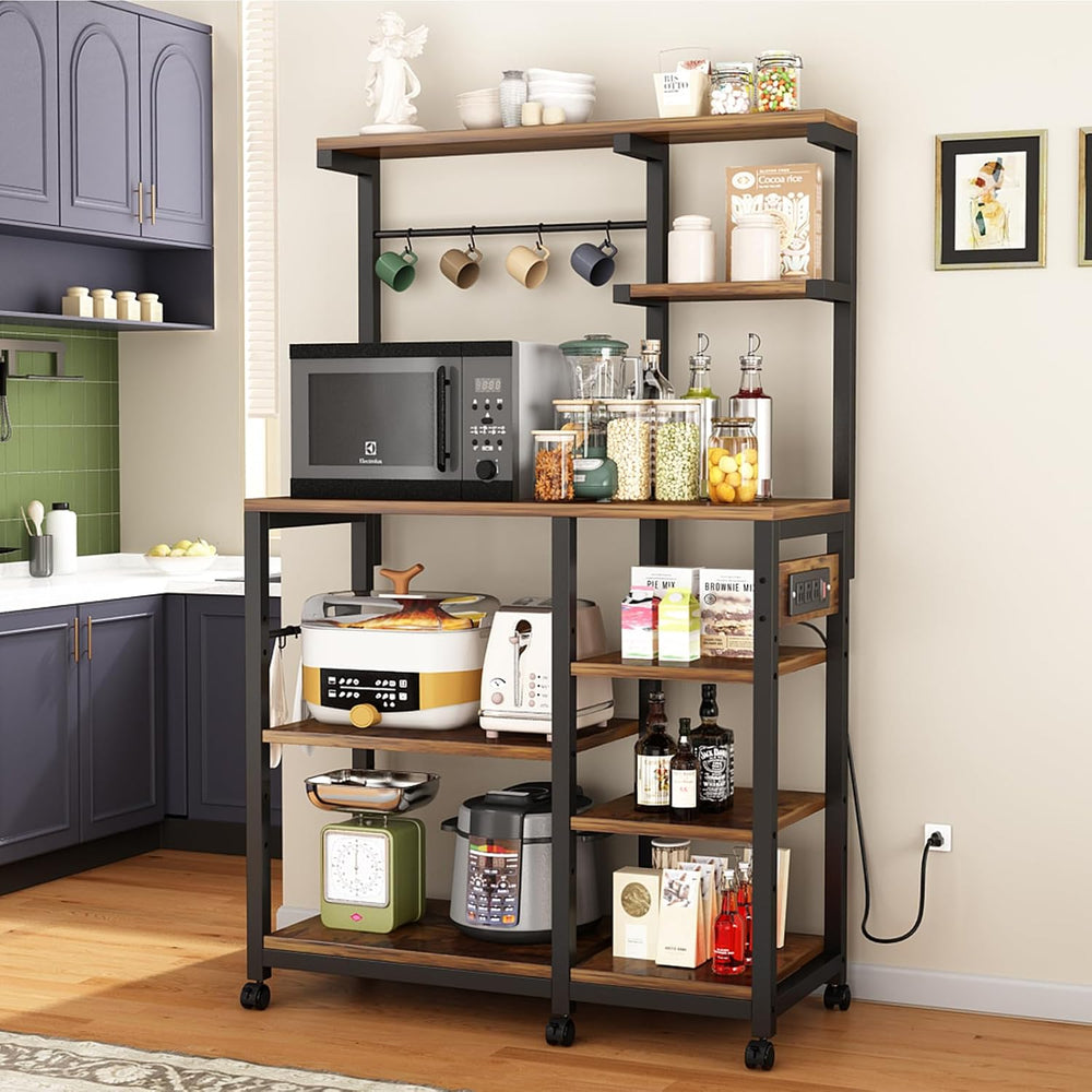 Large Bakers Rack with Power Outlet, Coffee Bar & Microwave Stand
