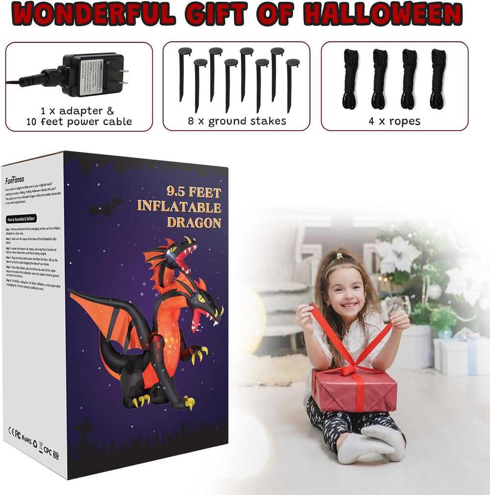 FunFanso 9.5 FT Giant Halloween Inflatable Double Headed Dragon, Blow up Fest...