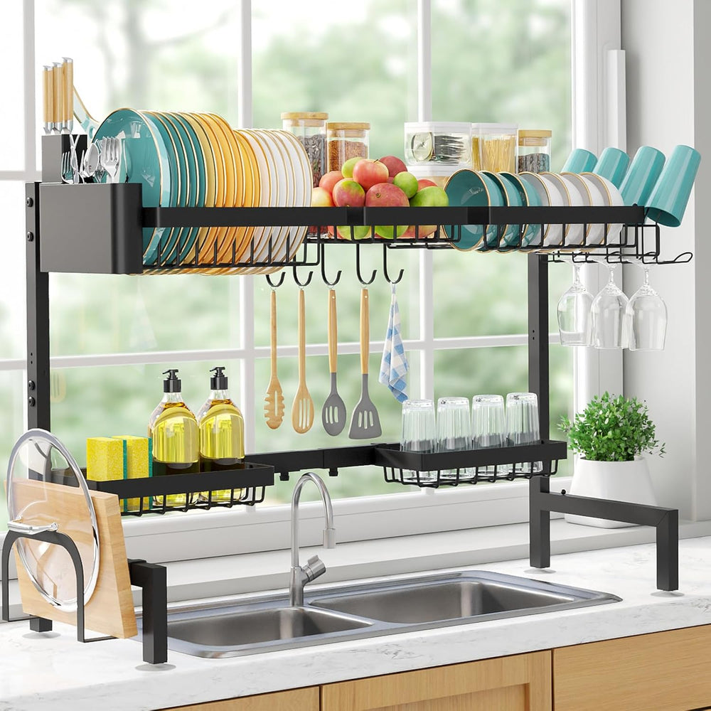 2-Tier Over the Sink Dish Drying Rack, 32"-39.5" L, Black
