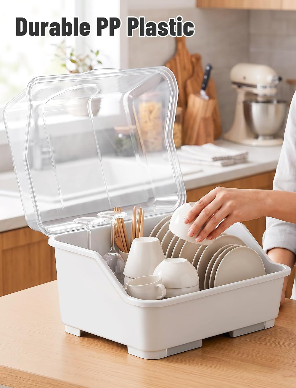 Tomorotec Plastic Dish Drying Rack & Drain Board with Lid Cover Light White