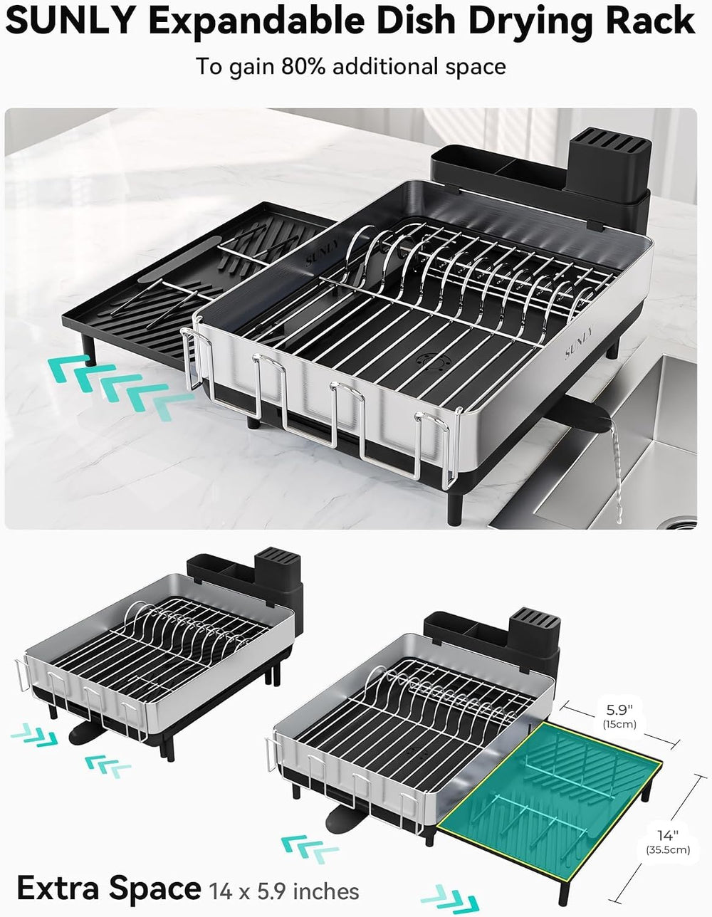 Large Dish Drying Rack, Expandable Dish Racks for Kitchen Counter, Space Savi...