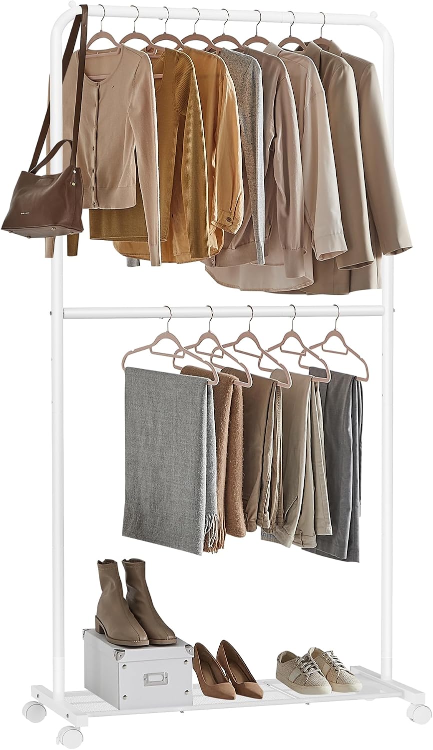 SONGMICS Clothes Rack with Wheels, Metal Garment Rack, Mesh Storage Shelf