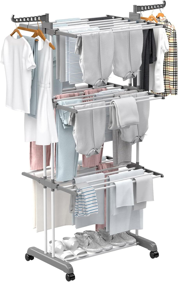 Winyousk [2023 Quality Upgrade Clothes Drying Rack, Movable 4-Tier Laundry Rack, Drying Rack Clothing with Casters Drying Clothes for Indoor/Outdoor, 67''H x 19''W x 30''L, Gray