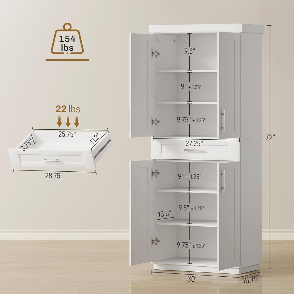 HOMCOM 72" Kitchen Pantry Storage Cabinet, Freestanding Cupboard, White