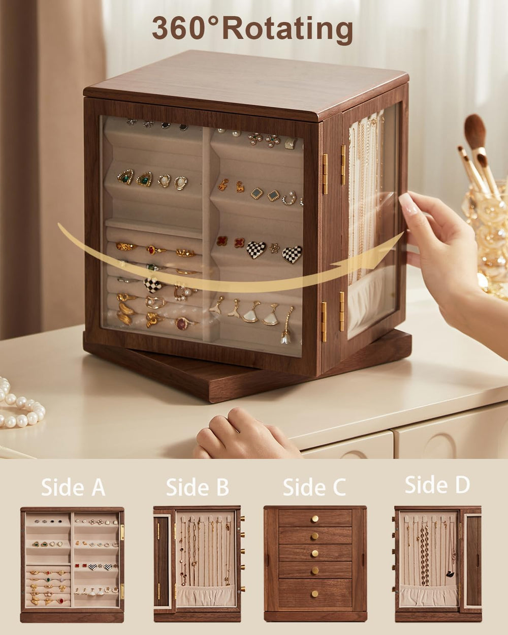 Rotating Black Walnut Wooden Jewelry Box for Women, 5 Layer