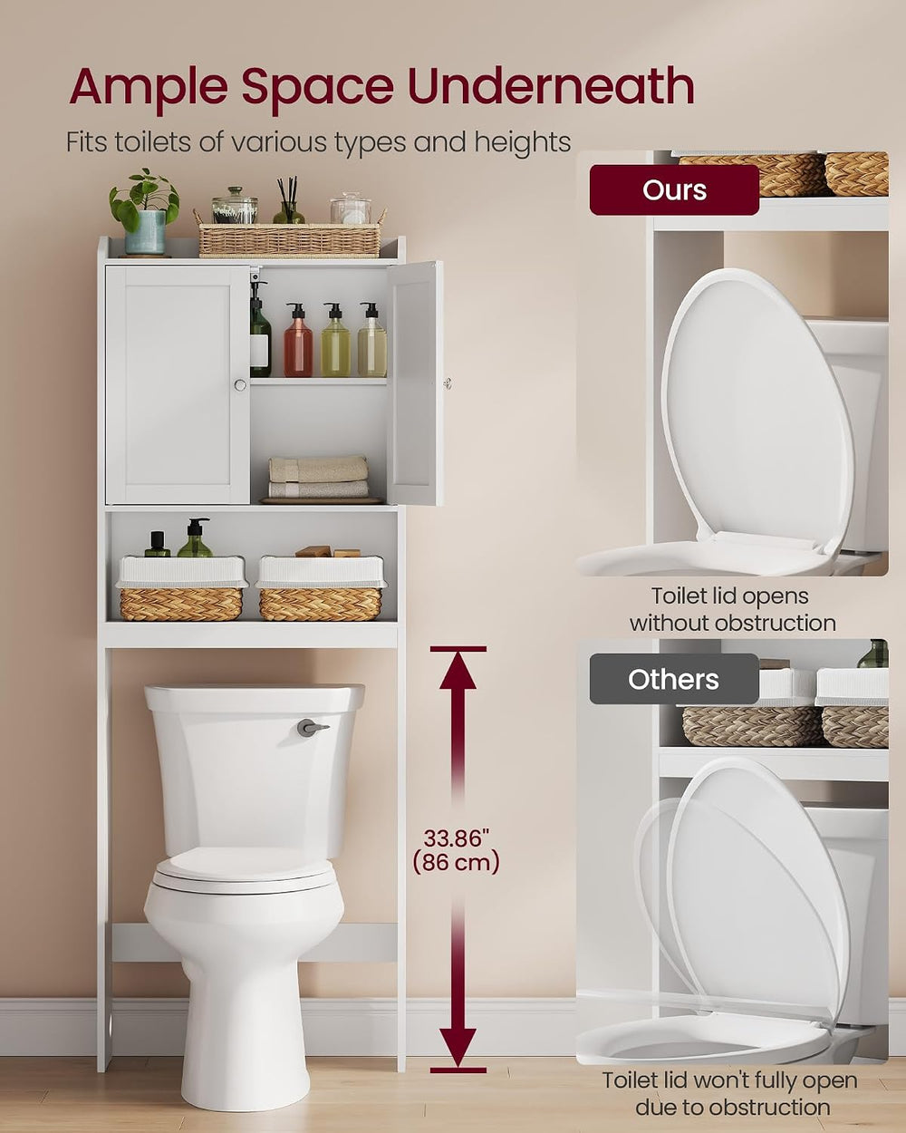 VASAGLE Over the Toilet Storage Cabinet, Doors, Adjustable Shelves, 24.6'...