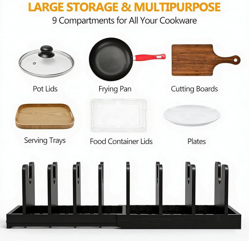 Bamboo Expandable Pot Lid Organizer,Pots and Pans Organizer inside Cabinet