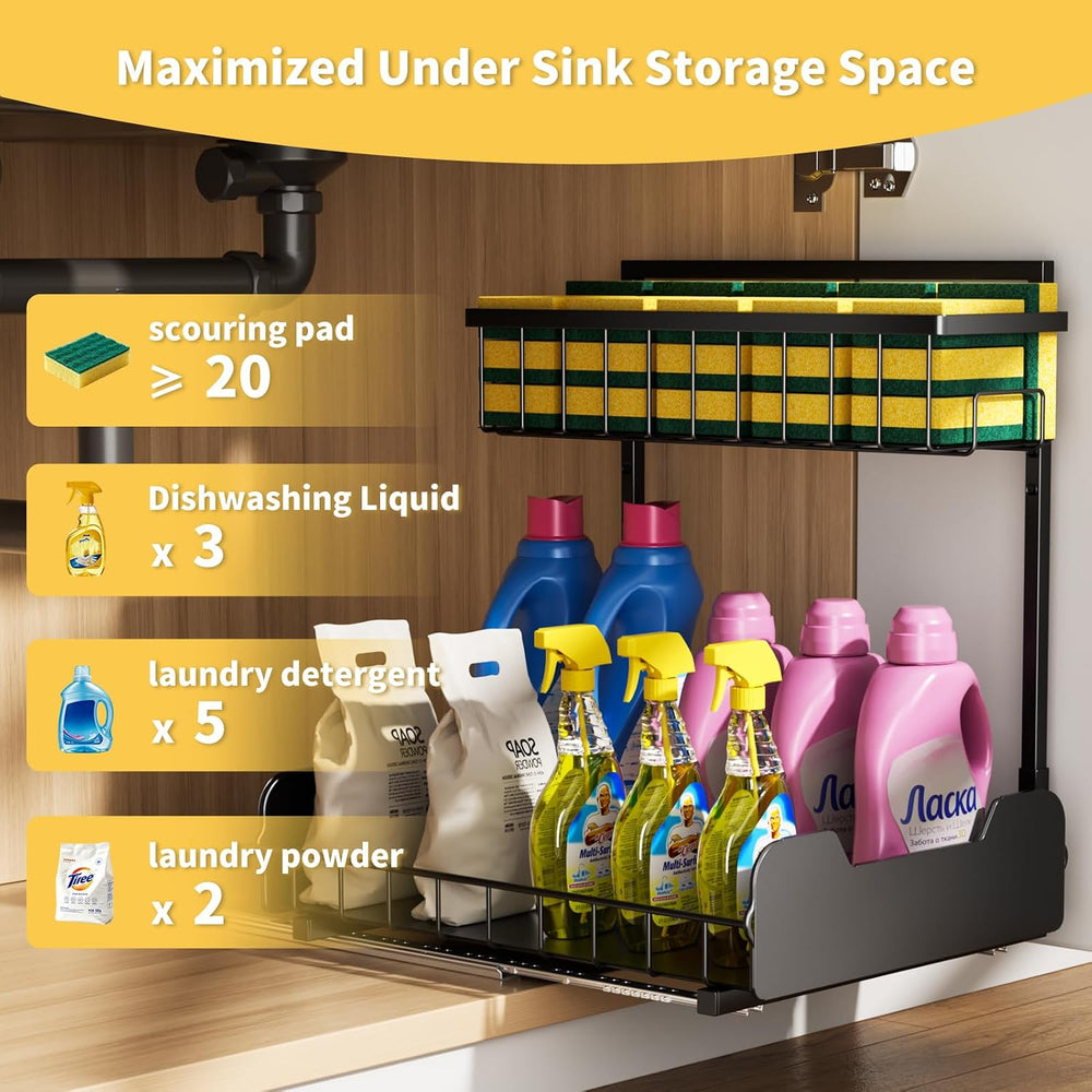 Under Sink Organizer, 2-Tier L-Shaped Pull Out Cabinet Shelf with 2 Installat...