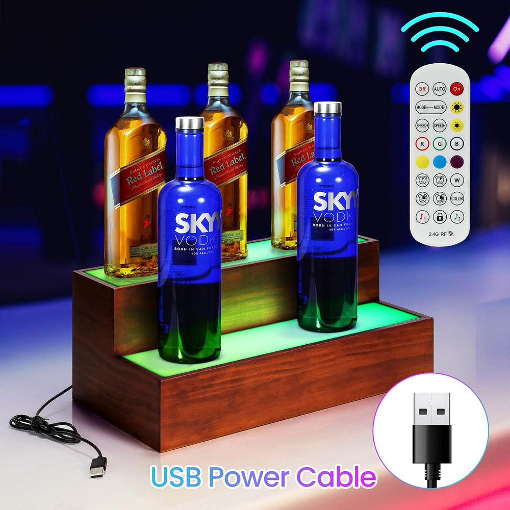 2 Pack LED Liquor Bottle Display Shelf , 2 Tier Real Wood Bar Shelves for Liq...