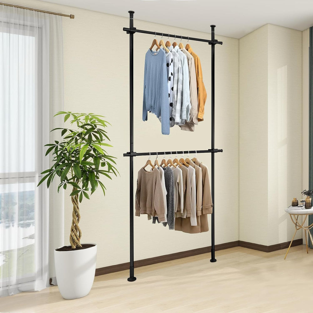 Heavy-Duty Floor to Ceiling Drying Rack, 2-Tier Double Rod Clothing Organizer...