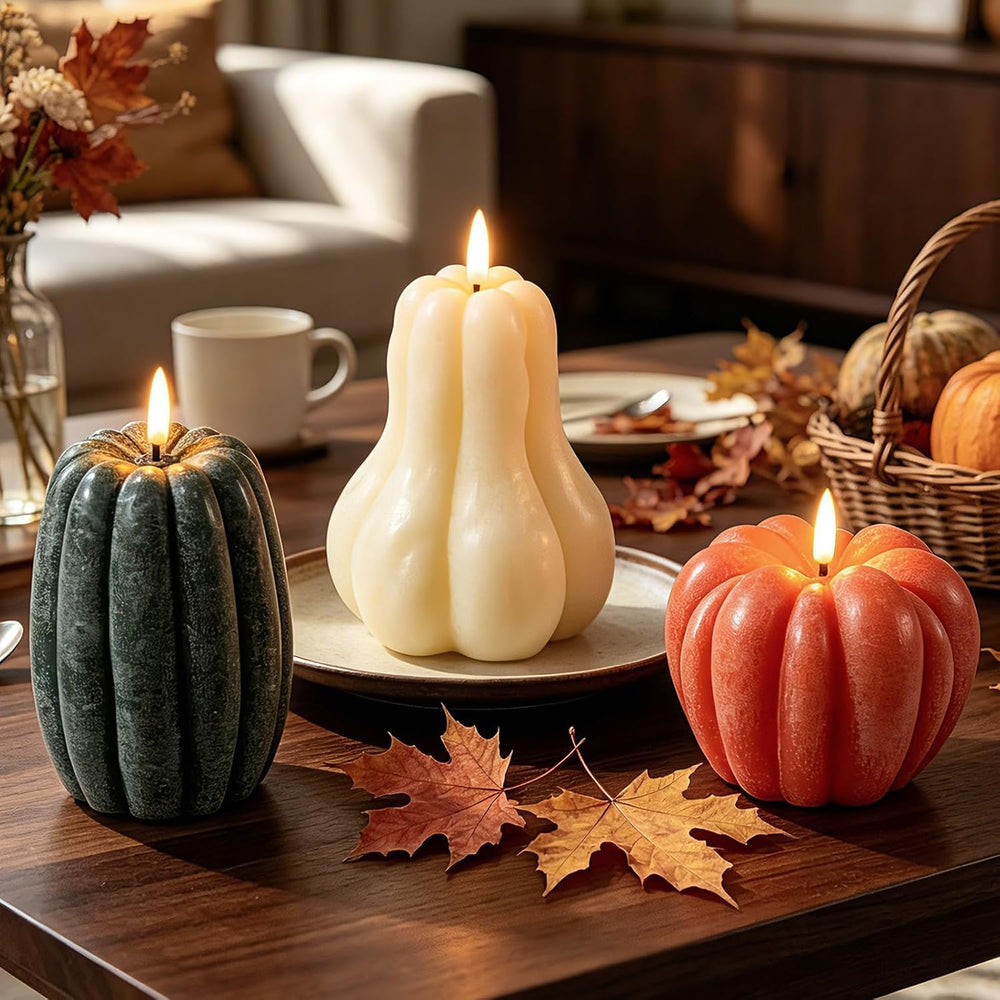 EVERLORIA 3 Pcs Fall Pumpkin Flameless Candle, LED Battery Operated Pumpkin C...